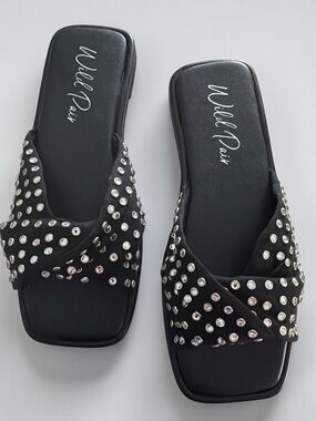 Wild Pair Black Studded Slide Sandals with Crisscross Straps